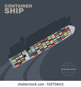 Container Ship In The Sea Cast Shadow Silhouette, Aerial View. CommercialÂ intermodal Freight Transport, Detailed Vector Illustration Of A Deck Of A Merchant Vessel, Realistic Style.