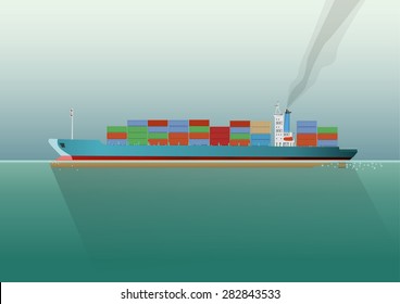 Container ship in the sea. Flat style vector Illustration.