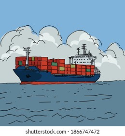 Container Ship in the sea - Vector Illustration