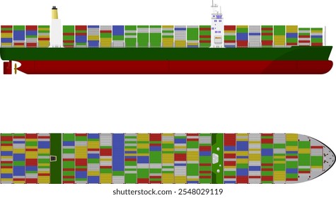 Container Ship. Side and top profile of a large container ship with accommodation block and separate funnel. Similar in style to the Ever Given and MV Dali. Isolated vector illustration.