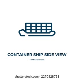 Symbol für die Seitenansicht des Containers. Lineare Vektorgrafik aus der Transporter-Kollektion. Vektorgrafik des Linienschiffsseeisenschiffes in Umrissen. Dünnliniensymbol für Web- und mobile Apps, Logo, Druck 