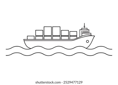 Container Ship Train Water Transport isolated continuous line art flat vector illustration on white background