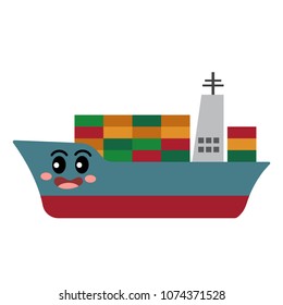 Container Ship transportation cartoon character side view isolated on white background vector illustration.