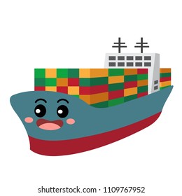 Container Ship transportation cartoon character perspective view isolated on white background vector illustration.