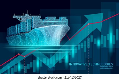 Símbolo de transporte de buque contenedor. Tecnología industrial 3D de mapa marino de baja polilla. Carga en el mercado marítimo. Ilustración de vectores de tanques internacionales