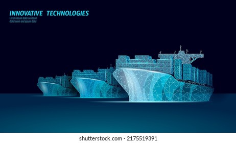 Símbolo de transporte de buque contenedor. Tecnología industrial 3D de mapa marino de baja polilla. Carga en el mercado marítimo. Ilustración de vectores de tanques internacionales