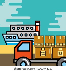 container ship and truck cardboard boxes logistic and delivery