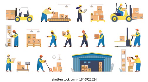 Container ship and warehouse workers. Loading, stacking goods with electric hand lifters and forklift truck. Isolated flat vector icons set of delivery truck shelves with boxes of goods weights