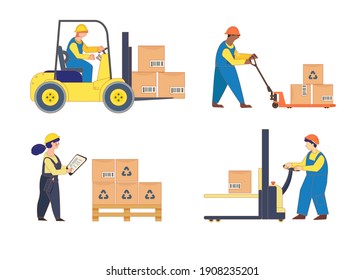 Container ship and warehouse workers. Loading, stacking goods with electric hand lifters and forklift truck. Yellow forklift truck with driver isolated on white background. Flat vector illustration