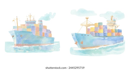 Ilustración vectorial de acuarela de barco contenedor 