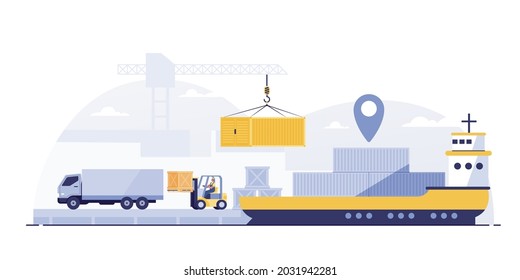 Container Ships, Cargo logistics with truck  transportation. container ship with working crane import export transport industry.