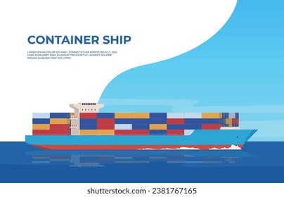 Container ships. Delivery of goods in large quantities by sea and ocean. Big business of transportation of products. Vector illustration