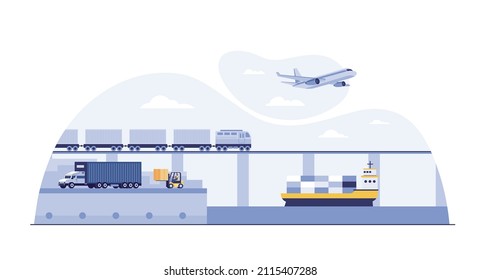 Container Ships, Freight Forwarder, Global Logistics Concept. Airplane, Truck, Train, Ship.