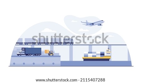Container Ships, Freight Forwarder, Global logistics concept. airplane, truck, train, ship.