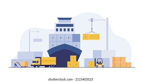 Container Ships, Freight Forwarder, Industrial sea port cargo logistics container import export freight ship crane water delivery transportation concept - Shutterstock ID 2115403523