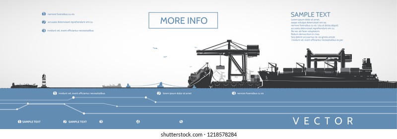 Container ships on the dock and bulk carriers, gantry cranes, vector infographics.