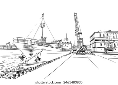 Container ships in trade port. Hand drawn vector illustration. 