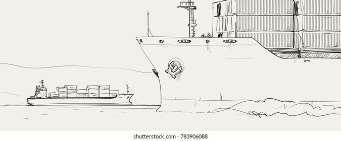 Container ships. Vector linear drawing