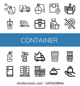 Container-Icons-Set. Enthält Symbole wie Parfüm, Soda, Müll, Trailer, Toolbox, Logistik, Sirup, Wasserkocher, Aufblasbares Boot, kann für Web, Handy und Logo verwendet werden