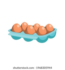 Container with six brown chicken eggs flat vector illustration