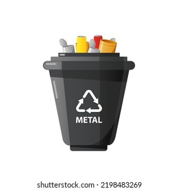 Contenedor para ordenar metal aislado en un blanco. Segregar residuos, clasificar basura, gestionar residuos. Ilustración vectorial de dibujos animados planos.