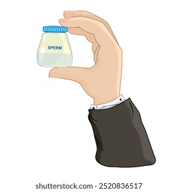 Contenedor con espermatozoides en mano humana aislado sobre fondo blanco. Donante de esperma. Análisis o prueba de semen en un recipiente de plástico. Investigación de laboratorio médico. Ilustración vectorial de stock