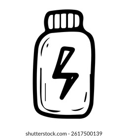Container with sports energy supplement. Hand drawn doodle. Athlete nutrition for better workout in the gym. Plastic jar with lid. Healthy lifestyle. Vector line art illustration.