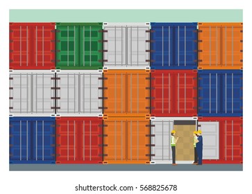 container stack with a group of worker doing some inspection