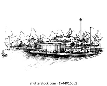 container take away restaurant design concept. Rough sketchy idea of a shipping container cafe exterior. Monochromatic ink freehand image. perspective illustration 