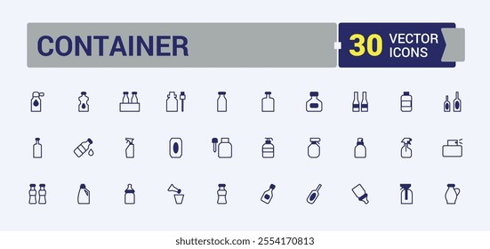 Container thin line icon set. Featuring plastic, product, silhouette, monochrome, container and more. Minimalist thin linear icon. Vector illustration in modern line style.