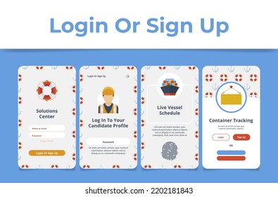 Container tracking log in sign up mobile app page set vector illustration. Smart cargo logistic delivery distribution online information candidate profile registration form business communication