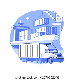 Container transportation abstract concept vector illustration. Industrial container cargo, logistics transportation, crane lifts box, ship loading, freight train, truck on road abstract metaphor.