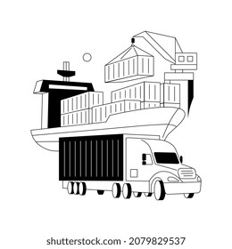 Container transportation abstract concept vector illustration. Industrial container cargo, logistics transportation, crane lifts box, ship loading, freight train, truck on road abstract metaphor.