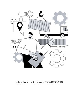 Container transportation abstract concept vector illustration. Industrial container cargo, logistics transportation, crane lifts box, ship loading, freight train, truck on road abstract metaphor.