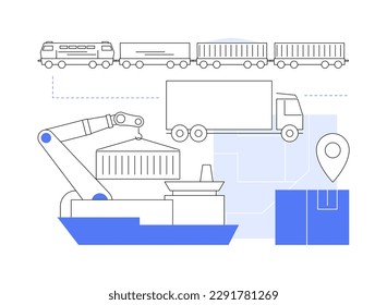 Abstraktes Konzept des Containerverkehrs Vektorgrafik. Industriecontainerfracht, Logistiktransport, Kranliftkasten, Schiffsladung, Güterzug, LKW auf der Straße abstrakte Metapher.