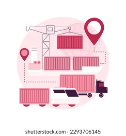 Container transportation abstract concept vector illustration. Industrial container cargo, logistics transportation, crane lifts box, ship loading, freight train, truck on road abstract metaphor.