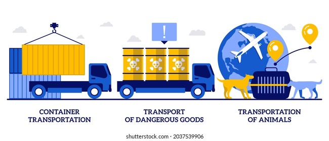 Container transportation, transport of dangerous goods, transportation of animals concept with tiny people. Freight distribution abstract vector illustration set. Hazardous cargo shipment metaphor.