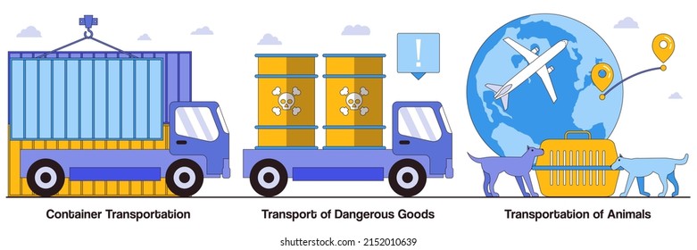 Container transportation, transport of dangerous goods, transportation of animals concepts with people characters. Freight distribution vector illustrations pack. Hazardous cargo shipment metaphor.