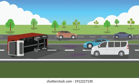 A container truck accident flipped across road traffic. Dangerous illustrations on the road. Other cars are roaming around and are partially parked.