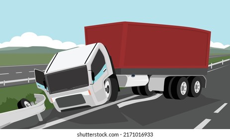 Container truck accident. Head of a car driving on the side of the road. Parked stuck truck on the lawn with damaged barricade. Asphalt road routes across rural areas. Distant mountains under blue sky