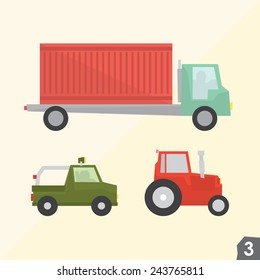 Container truck, safari jeep and farm tractor. Transportation vector set three