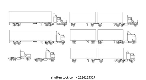 Container truck and trailer line drawing isolated on white background