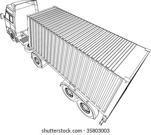 Container truck and trailer line drawing isolated on white background