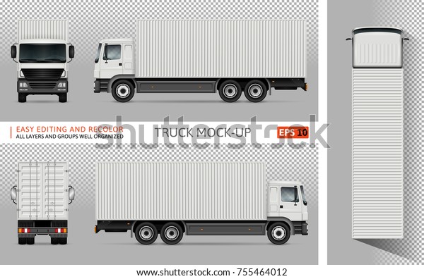 Container\
truck vector mock up for advertising, corporate identity. Isolated\
template of the lorry on transparent background. Vehicle branding\
mockup. View from side, front, back and\
top.