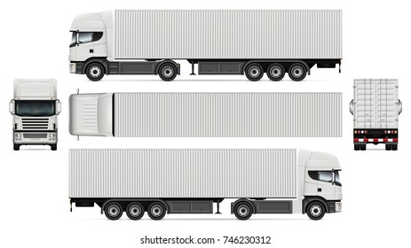 Container truck vector mock-up for advertising, corporate identity. Isolated template of semi-trailer truck on white background. Vehicle branding mockup. View from side, front, back, top.