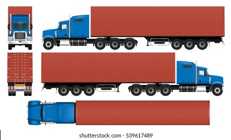 Container truck vector mock-up. Isolated template of the lorry with trailer on white. Vehicle branding mockup. View from side, front, back and top. All elements in the groups on separate layers.