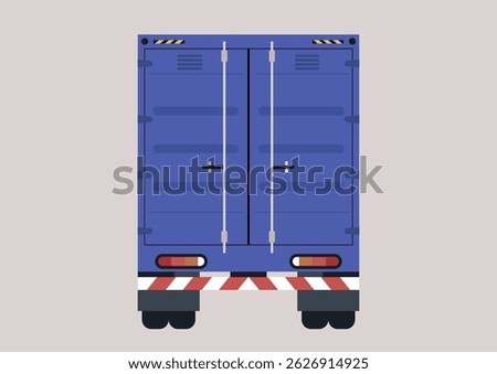 A container truck viewed from the back showcases its sturdy design and vibrant colors, enhancing the industrial environment