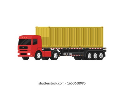 Container truck with yellow container in flat/cartoon style. Vector illustration isolated on white background.