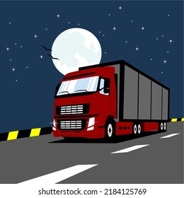 Los camiones de contenedores corren por las calles, viajan por la noche para un transporte de larga distancia.