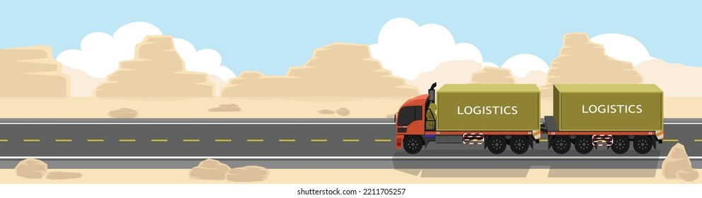 Container trucks with trailers Driving on asphalt roads on wide open spaces. Barren area with rocks and ground without trees and grass. with mountains under blue sky and white clouds for background.